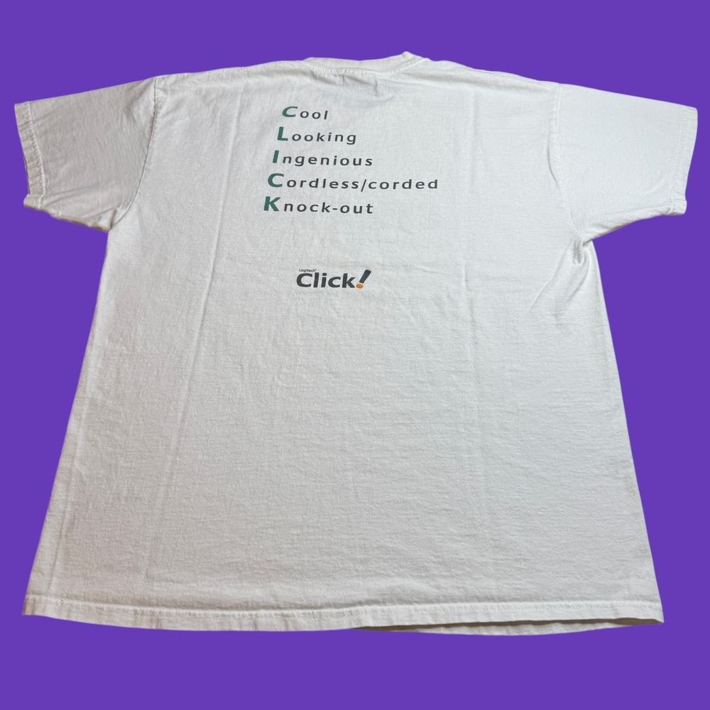 Logitech Cordless Click! Mens L Y2K Graphic Logo T Shirt Tech Computer Promo